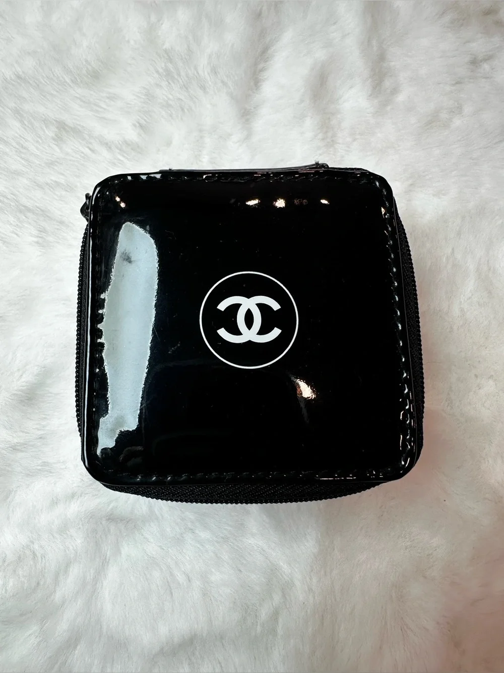 CHANEL Black Patent Zip Cosmetic Case with White Logo